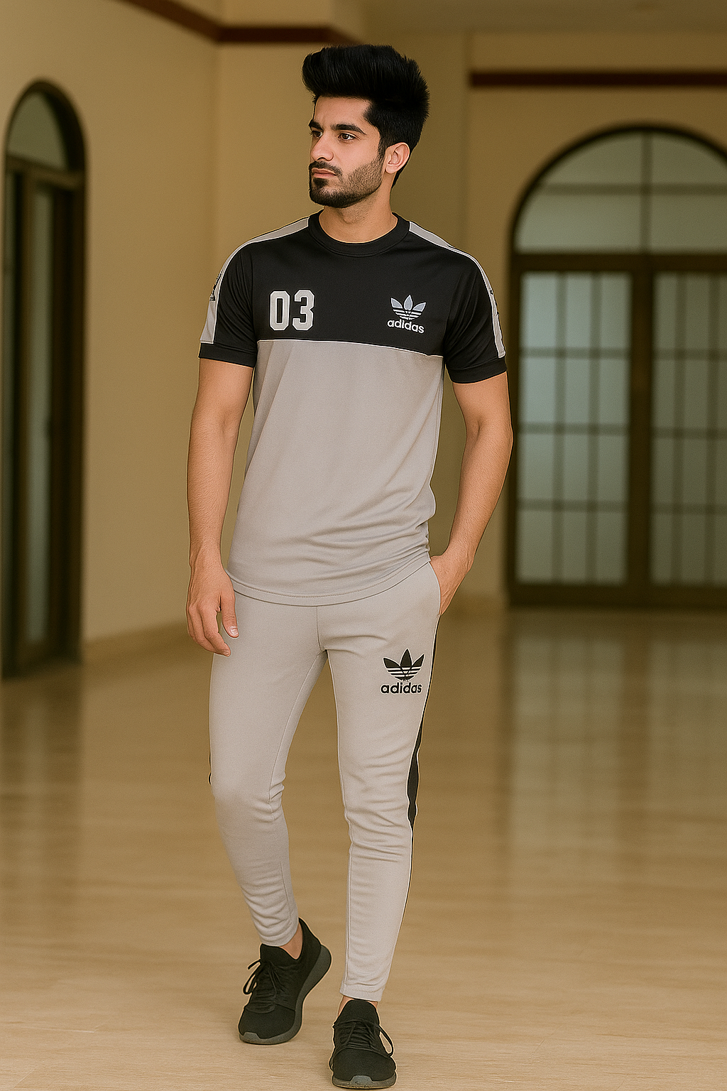 Men’s Two-Tone Tracksuit Set – Round Neck Top & Jogger Pants