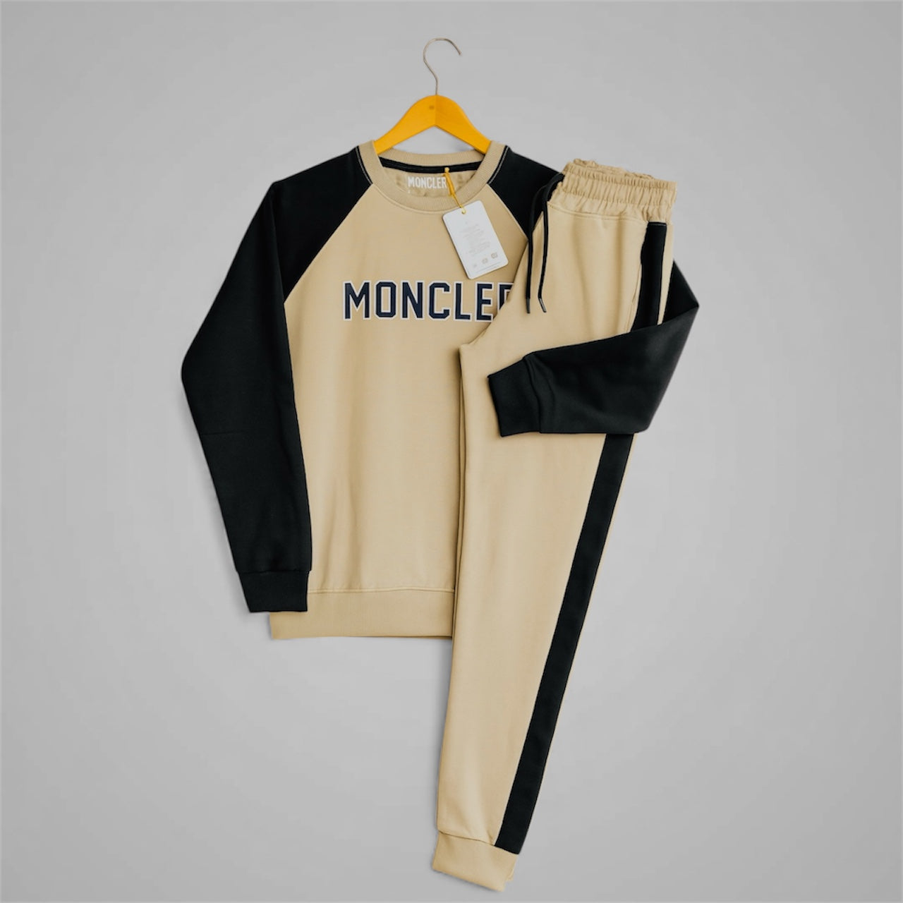 Premium Moncler Style Beige & Black Tracksuit for Men – Sweatshirt & Joggers Set