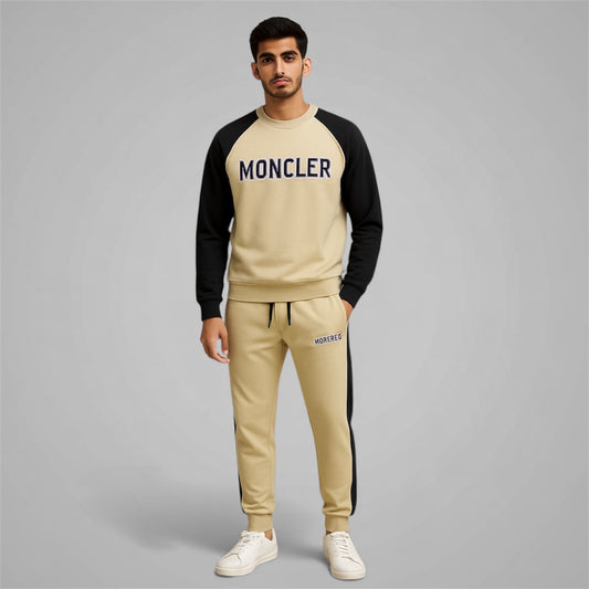 Premium Moncler Style Beige & Black Tracksuit for Men – Sweatshirt & Joggers Set