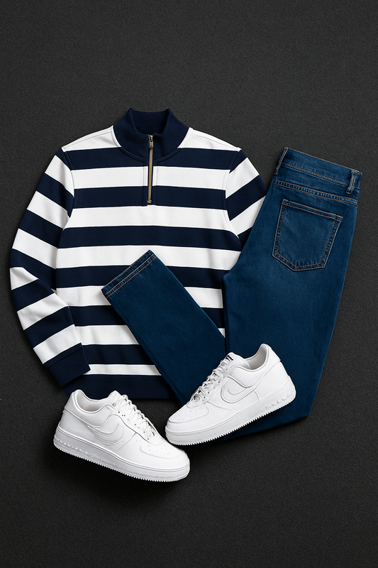 "Men’s Striped Half-Zip Sweatshirt & Jeans Co-Ord Set |